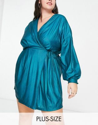 Extro & Vert Plus belted mini dress with balloon sleeves in blue plisse - ASOS Price Checker