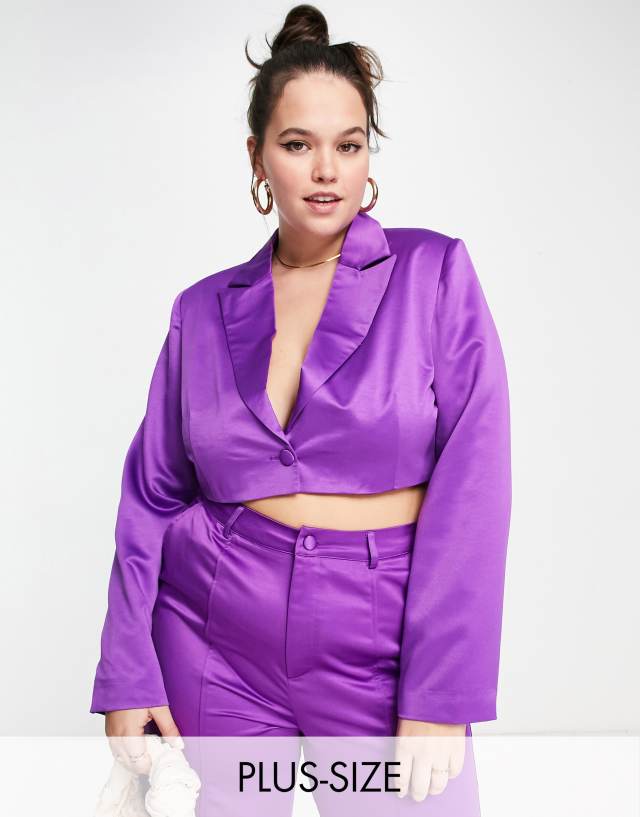 Extro & Vert Plus boxy cropped blazer in winter plum satin - part of a set