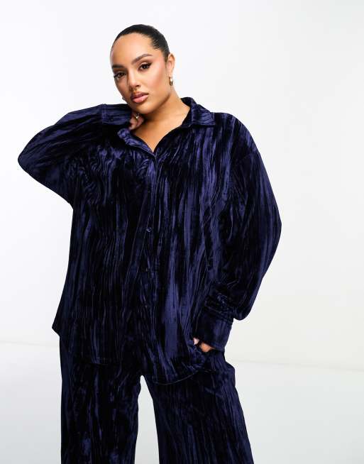 Extro & Vert Plus - Chemise d'ensemble oversize en velours - Bleu nuit
