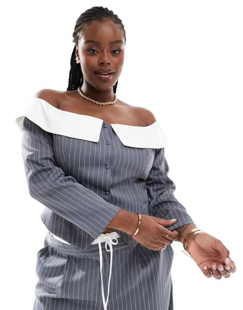 Extro & Vert Plus corset bandeau blazer top in petrol blue stripe co-ord - view 1