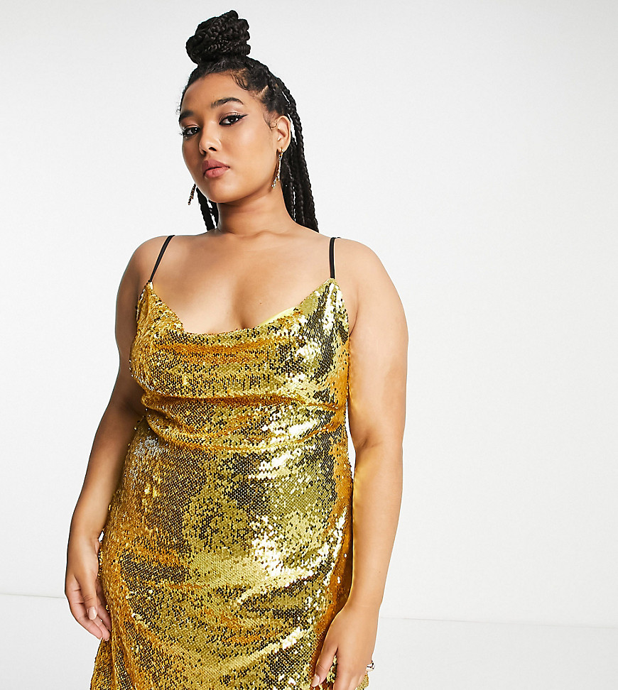 Extro & Vert Plus cowl front mini dress in gold sequin
