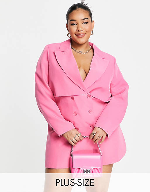 Extro & Vert Plus double breast mini blazer dress with overlay in hot pink