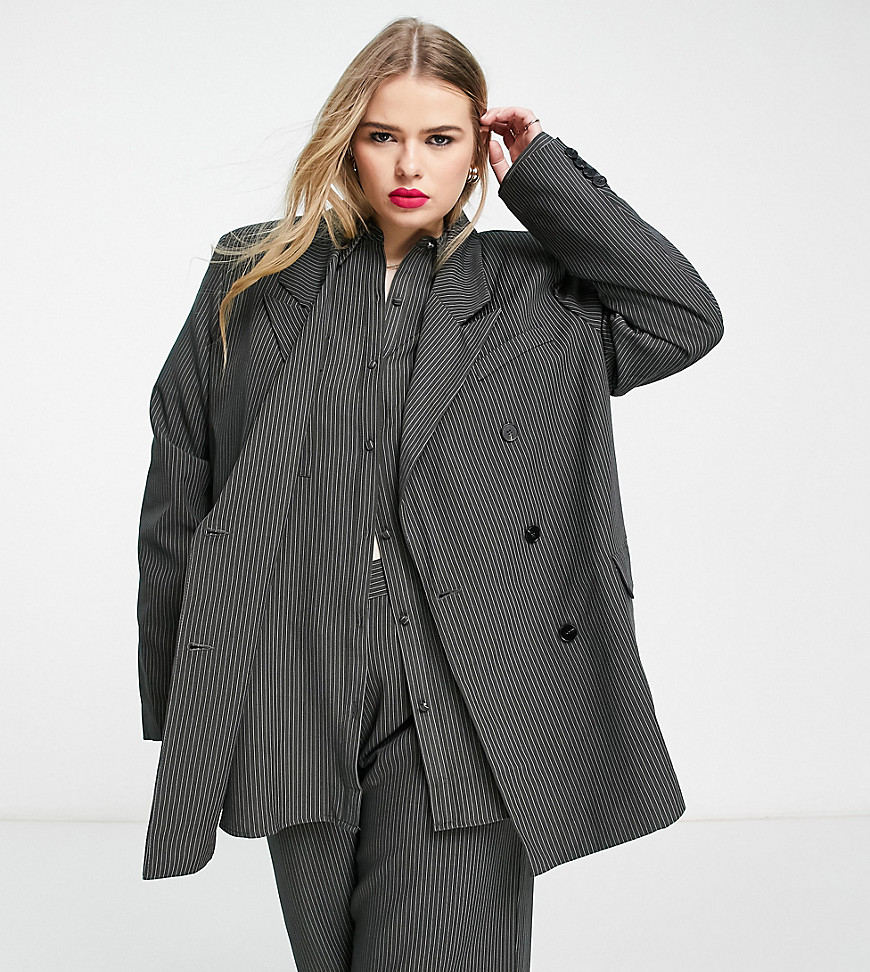 Extro & Vert Plus Double Breasted Relaxed Blazer In Slate Pinstripe Co-Ord-Grey