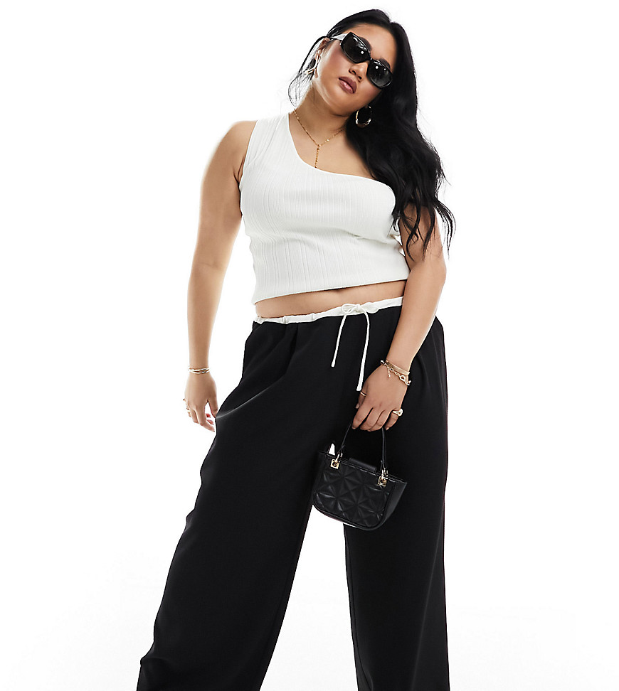 drawstring tailored pants in black and white-Multi