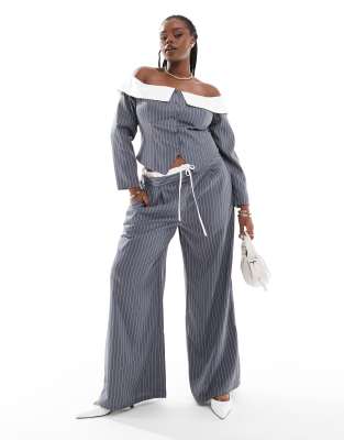 Extro & Vert Plus Drawstring Tailored Trousers In Petrol Blue And White Co-Ord