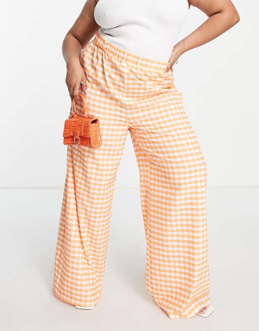 Extro & Vert Plus elasticated super wide leg trousers in orange gingham, 3 of 4