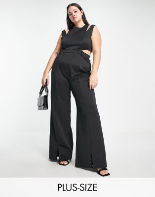 Extro & Vert Plus - Eleganter Jumpsuit in Schwarz mit weitem Bein und Cut-out