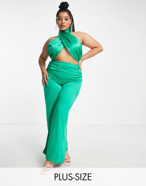 Extro Vert Plus halter neck jumpsuit with palazzo pants in emerald satin