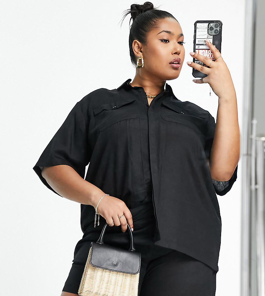 Plus-size shirt by Extro %26 Vert Part of a co-ord set Shorts sold separately Spread collar Button placket Chest pockets Regular fit