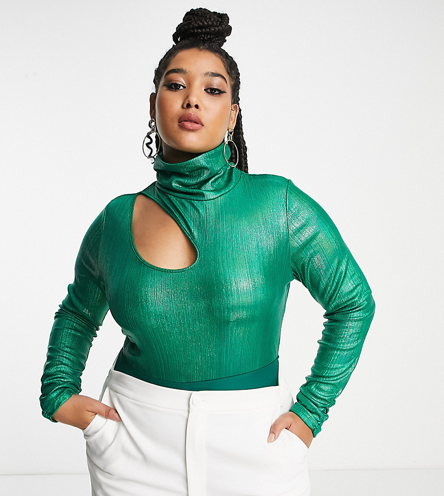 Extro & Vert Plus long sleeve high neck body with cut out in green sparkle