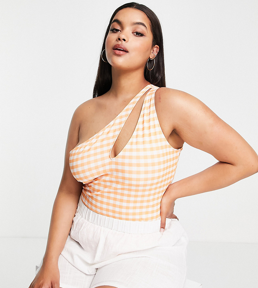 Plus-size bodysuit by Extro %26 Vert Streamline your style One-shoulder style Fixed strap Cut-out front Thong cut Bodycon fit
