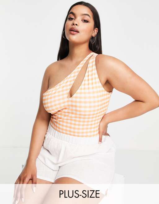 Extro & Vert Plus one shoulder body with cut out in orange gingham