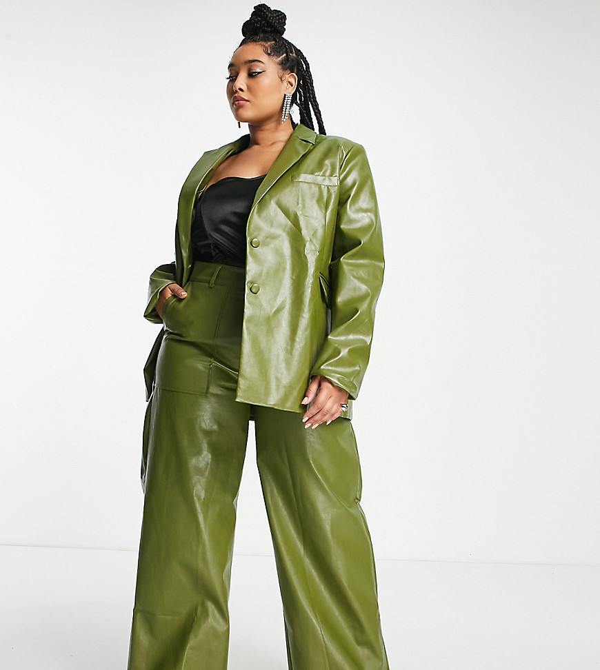 Extro & Vert Plus oversized blazer in dark green faux leather co-ord