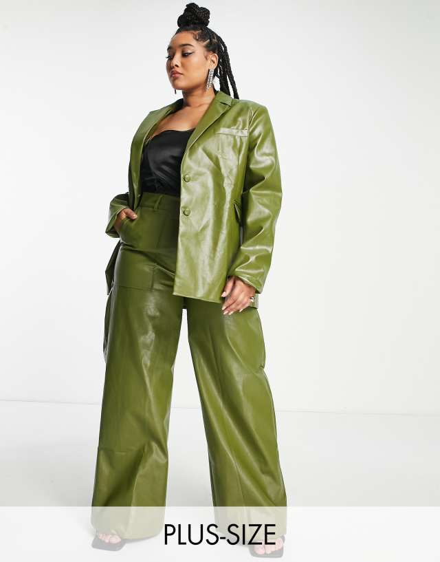 Extro & Vert Plus oversized blazer in dark green faux leather - part of a set