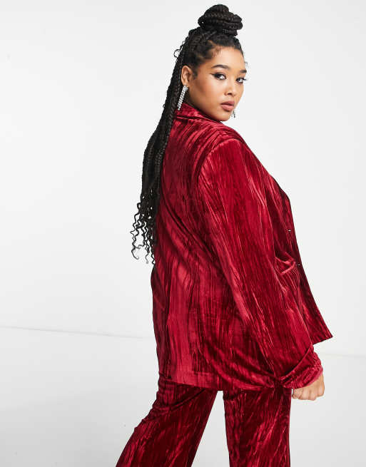 Extro Vert Plus oversized blazer in ruby red velvet co ord