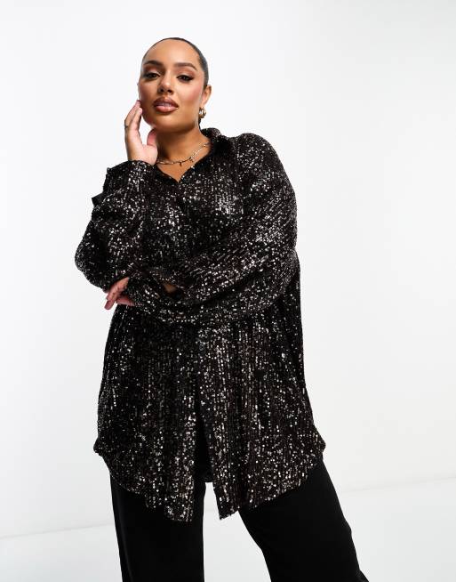 Extro & Vert Plus oversized sequin shirt in black | ASOS