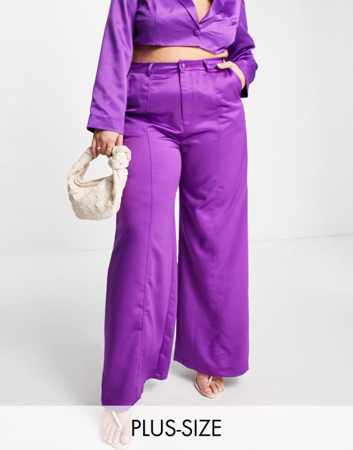 Extro & Vert Plus - Pantaloni di raso con fondo extra ampio color prugna in coordinato