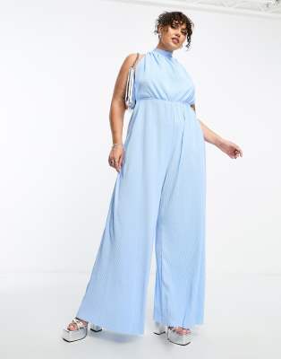 Extro & Vert Plus Extro & Vert Plus plisse halterneck extreme wide leg pleated jumpsuit in baby blue