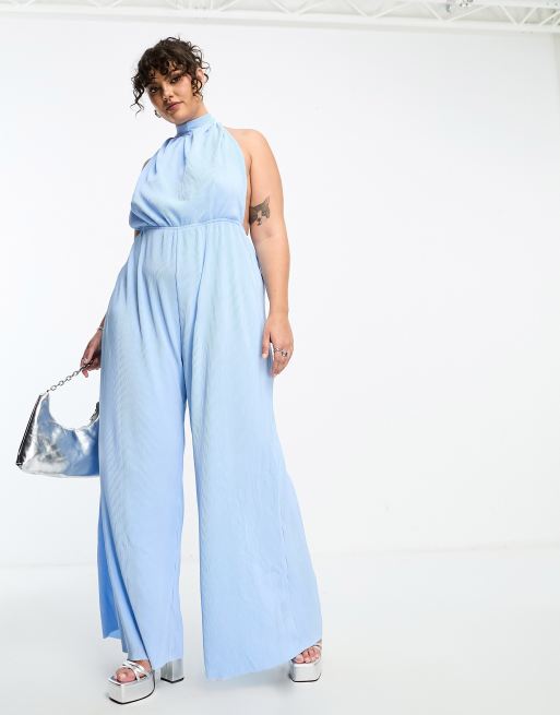 Blue Checked Halterneck Strappy Culotte Jumpsuit