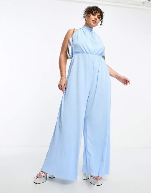 Extro & Vert Plus - Plissé jumpsuit met halternek, extreem wijde pijpen en plooien in babyblauw