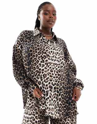 Extro & Vert Plus Extro & Vert Plus plisse shirt in leopard print co-ord-Multi