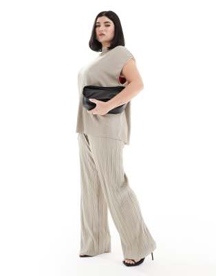 Extro & Vert Plus Premium soft touch plisse trouser in metallic latte co-ord-Brown