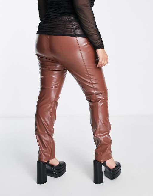 Chocolate Brown Faux Leather Seam Detail Leggings