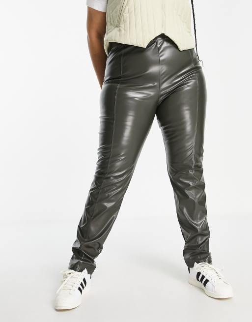 Extro & Vert PU faux leather leggings with seam detail in khaki