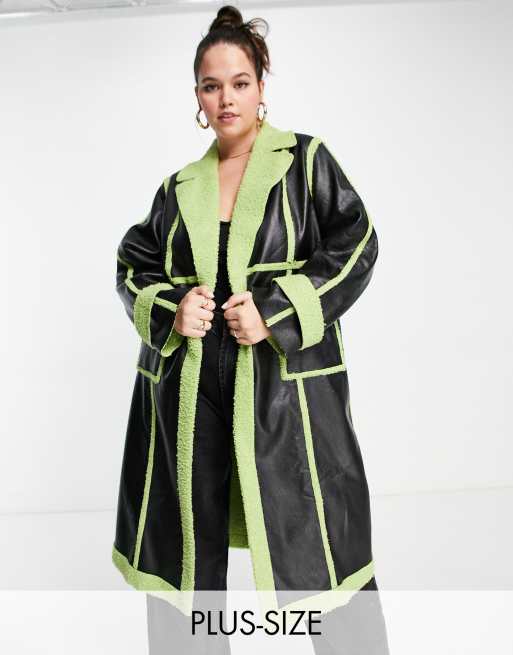 Extro & Vert Plus PU paneled coat with lime green teddy trim | ASOS