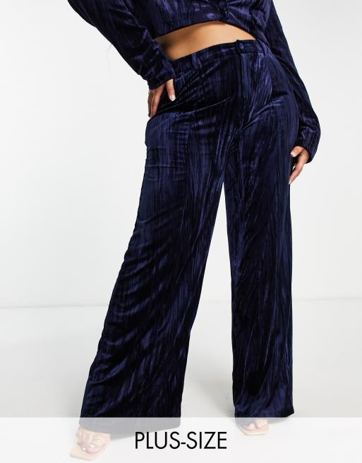 Extro & Vert - Plus - Ruimvallende pantalon van fluweel met wijde pijpen in marineblauw saffier, deel van co-ord set