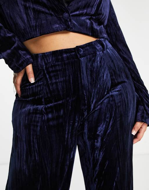 Extro & Vert - Plus - Ruimvallende pantalon van fluweel met wijde pijpen in marineblauw saffier, deel van co-ord set, 3 van 4