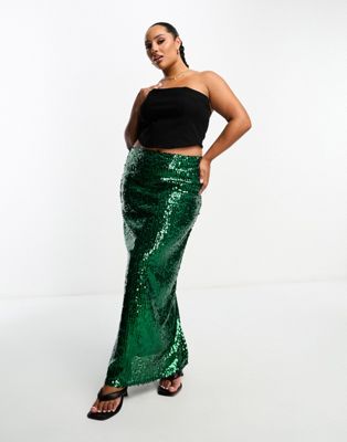 Extro & Vert Plus Sequin Maxi Skirt In Emerald Green