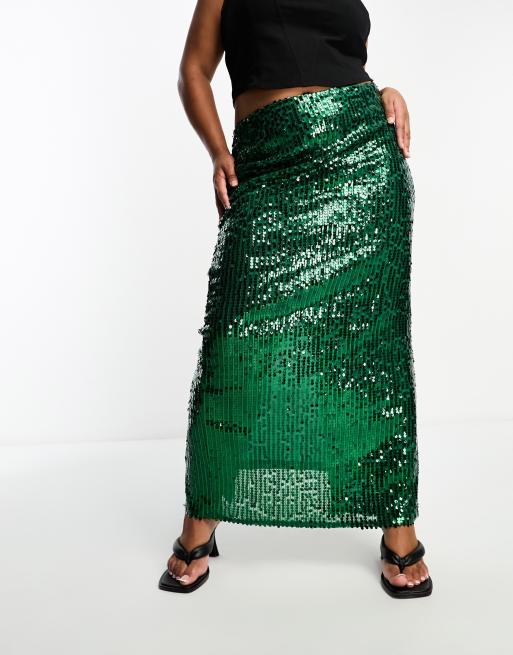 Extro Vert Plus sequin maxi skirt in emerald green ASOS