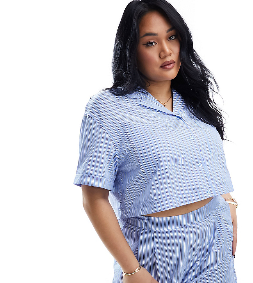 Extro & Vert Plus short sleeve cropped shirt in blue stripe co-ord