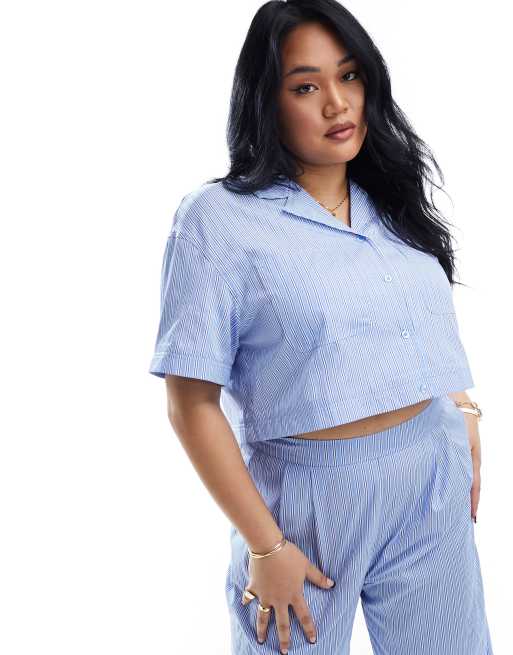 Extro & Vert Plus short sleeve cropped shirt in blue stripe - part of a set