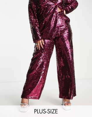 Extro & Vert Plus straight leg trousers in hot pink sequin co-ord