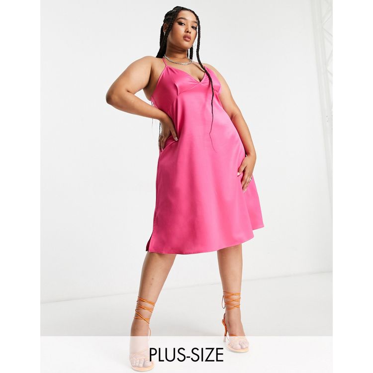 Extro & Vert Plus strappy midi dress in hot pink satin, High-waisted  floral linen shorts