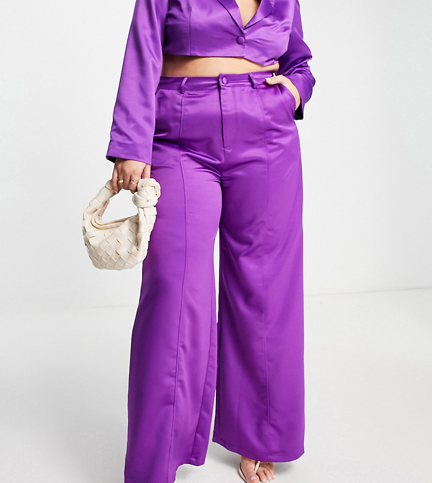 Extro & Vert Plus super wide leg trousers in winter plum satin co-ord-Purple