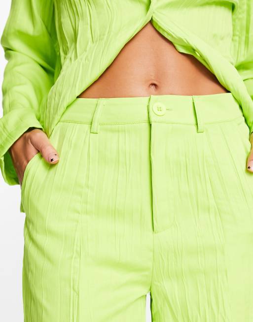 Lime Green Pants - Plisse Pleated Pants - Satin Wide-Leg Pants - Lulus