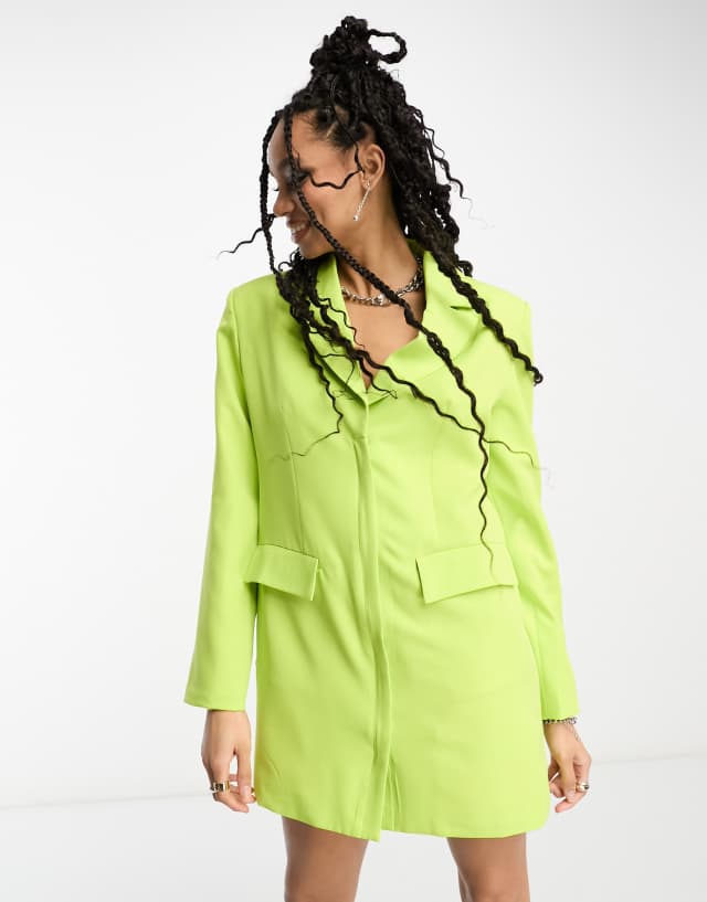 Extro & Vert Premium boxy blazer dress in chartreuse with button details