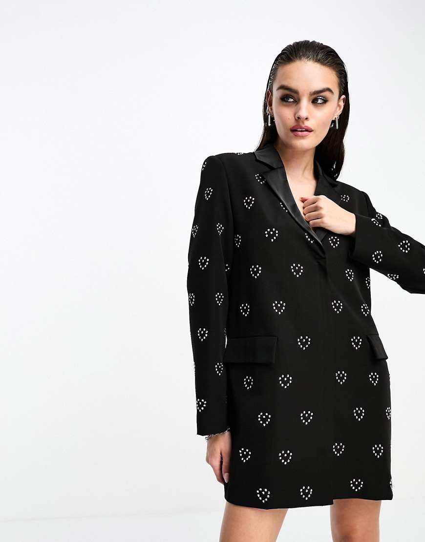 Extro & Vert Premium Boxy Blazer Dress With Heart Embellishment-black