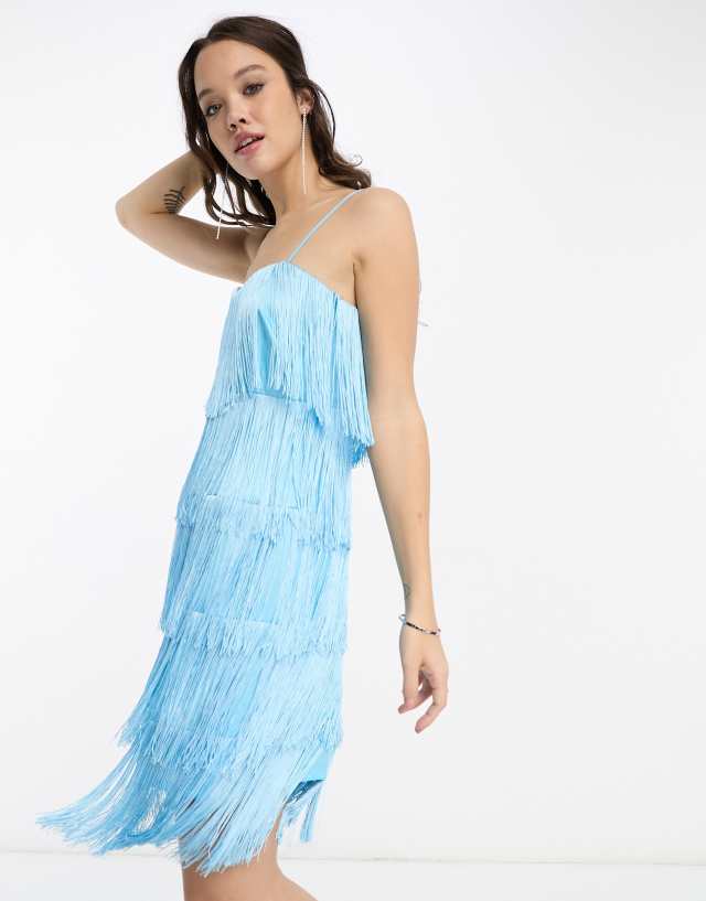 Extro & Vert Premium cami mini dress in blue fringe