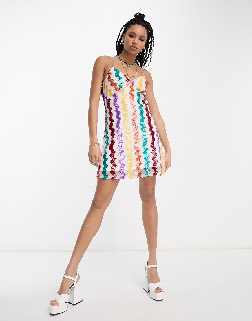 Extro & Vert Premium cami mini dress in rainbow swirl sequin with diamante straps-Multi