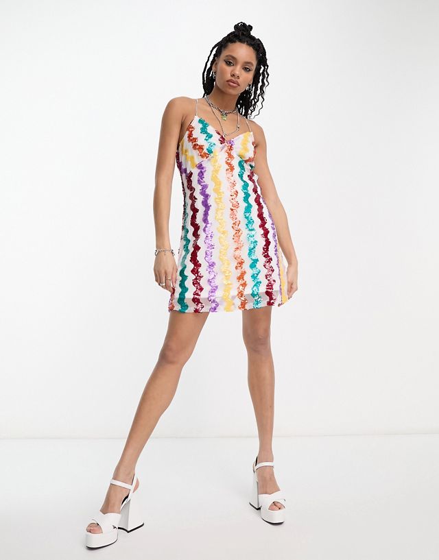 Extro & Vert Premium cami mini dress in rainbow swirl sequin with diamante straps