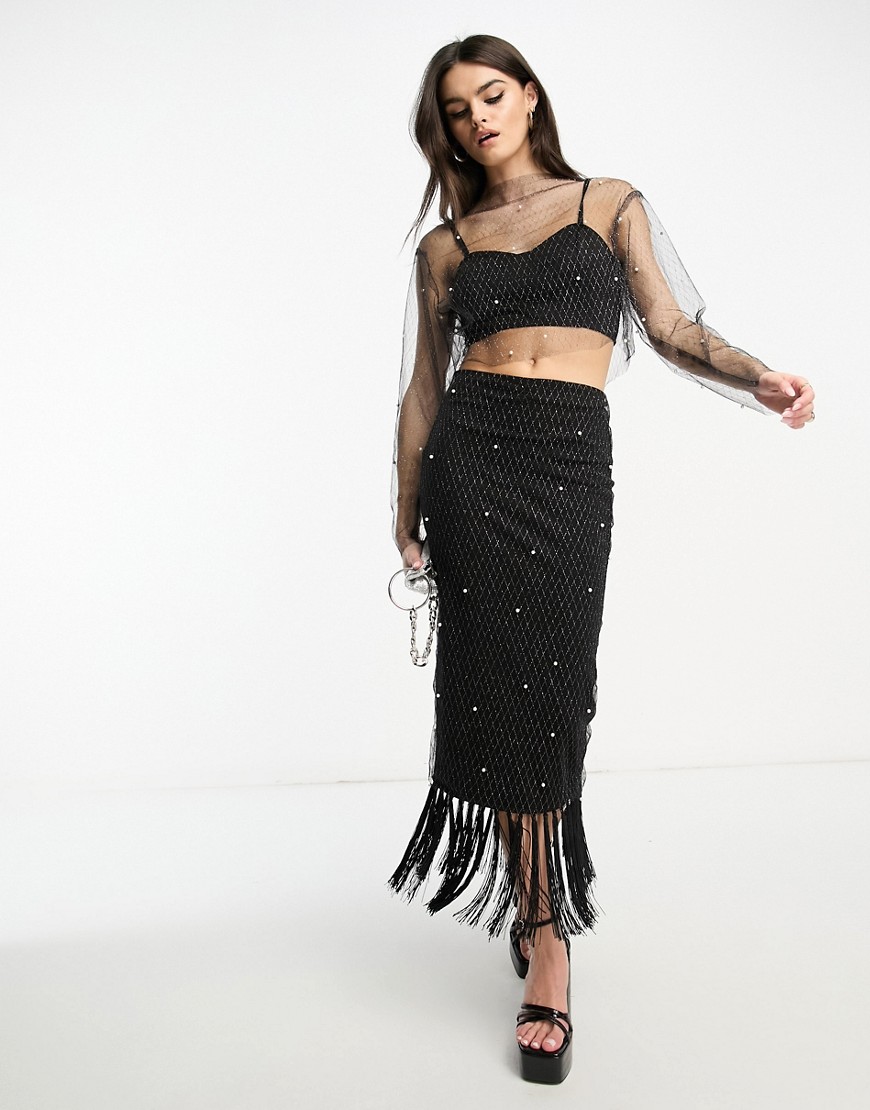 Extro & Vert Premium maxi skirt with pearl embellished layer & fringe in black co-ord
