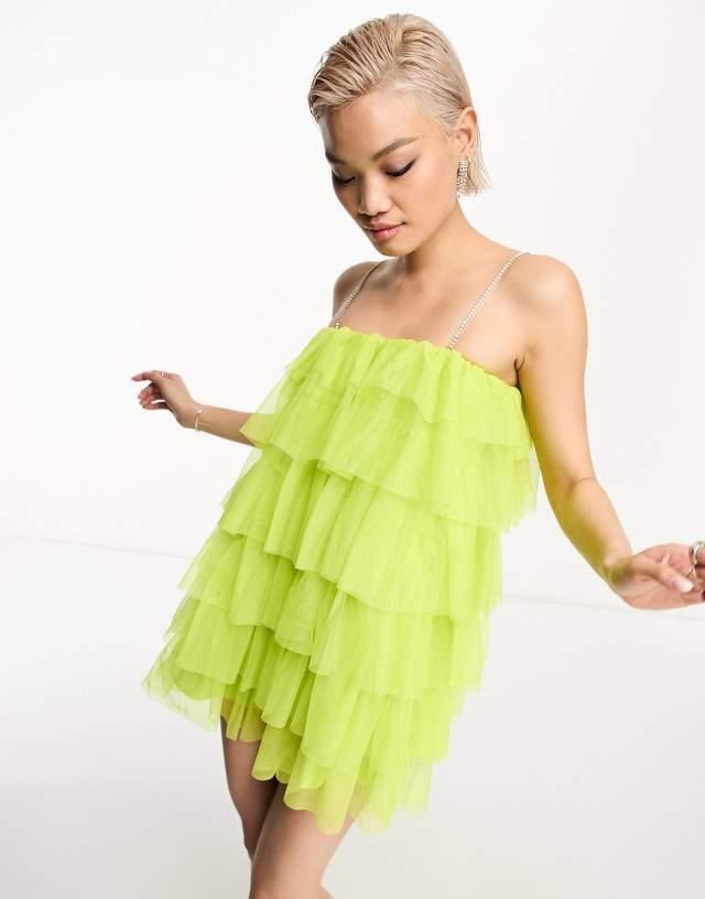 Extro & Vert Premium mini cami dress in tiered chartreuse tulle