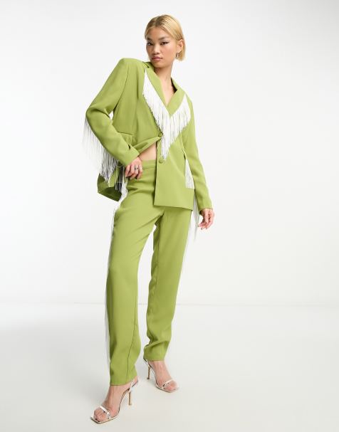 Extro & Vert Premium straight leg trousers with fringe in green & white co-ord