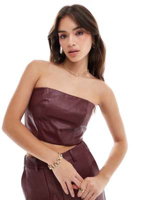 PU bandeau top in burgundy - part of a set-Red