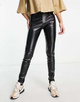PU faux leather leggings with seam detail in black