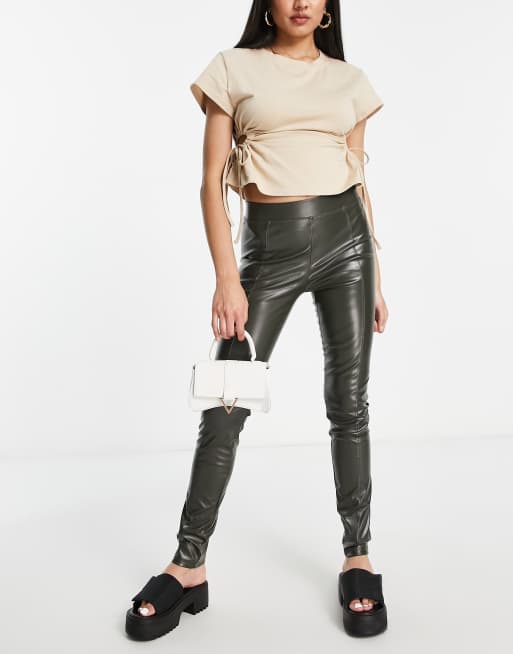 Extro & Vert PU faux leather leggings with seam detail in khaki